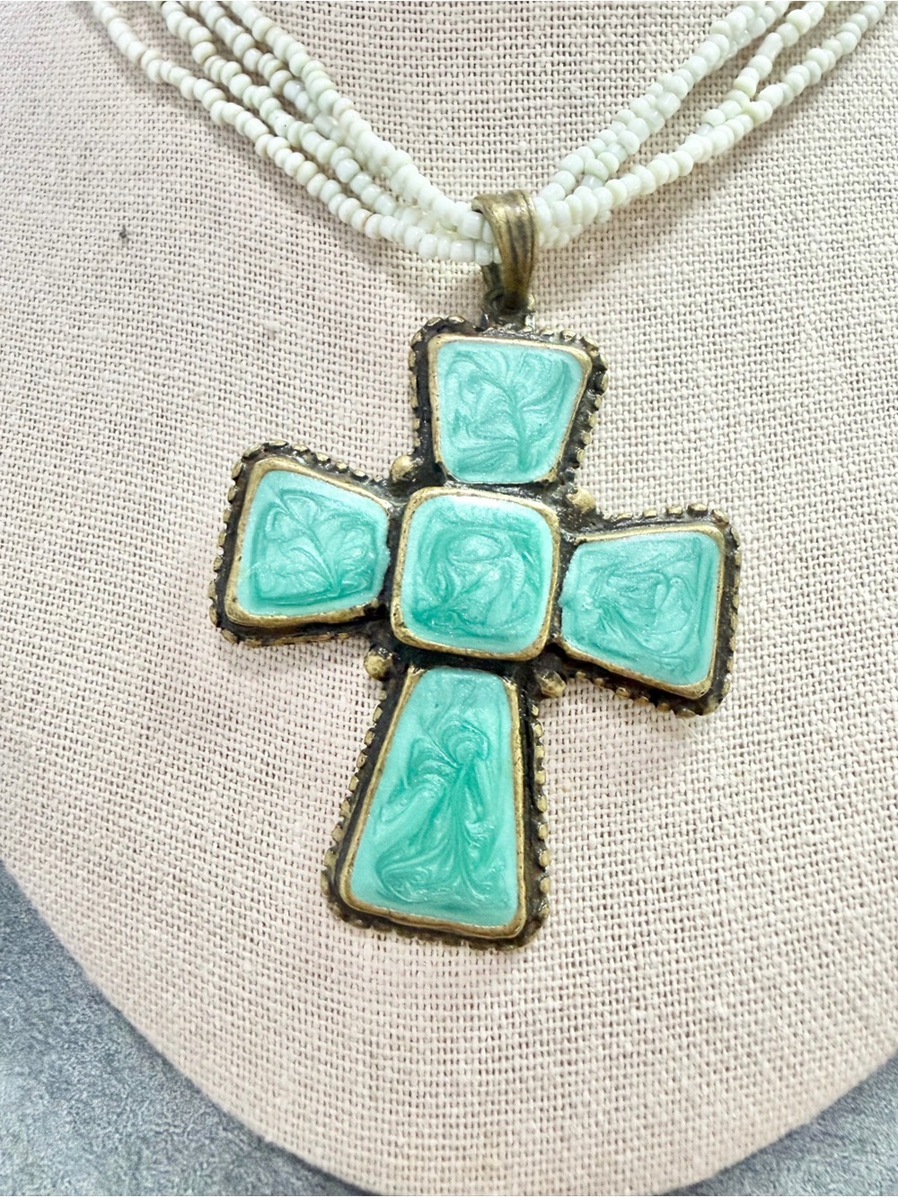 Vintage Large Cross Necklace Blueish Enamel Green Seed Beaded Brass Tone - Picture 2 of 5